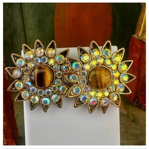 Tiger’s Eye Sunburst Earrings Gold Tone Rhinestone